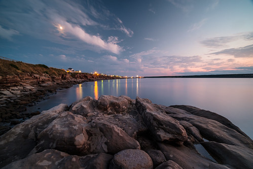 fujixe3 cheticamp novascotia ns canada cans2s 2018 summer night moonrise water calm lights reflection rock moon clouds sunset color colour laowa9mm