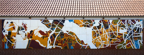 An Art Wall showing myths of the world in Brugsen, Denmark, next to the Jelling Viking Museum