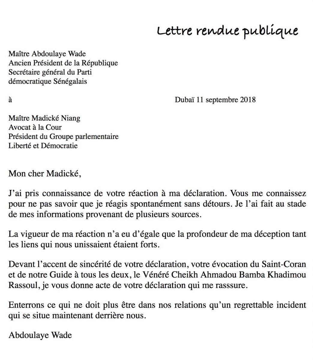 Lettre de Abdoulaye Wade à Me Madické Niang