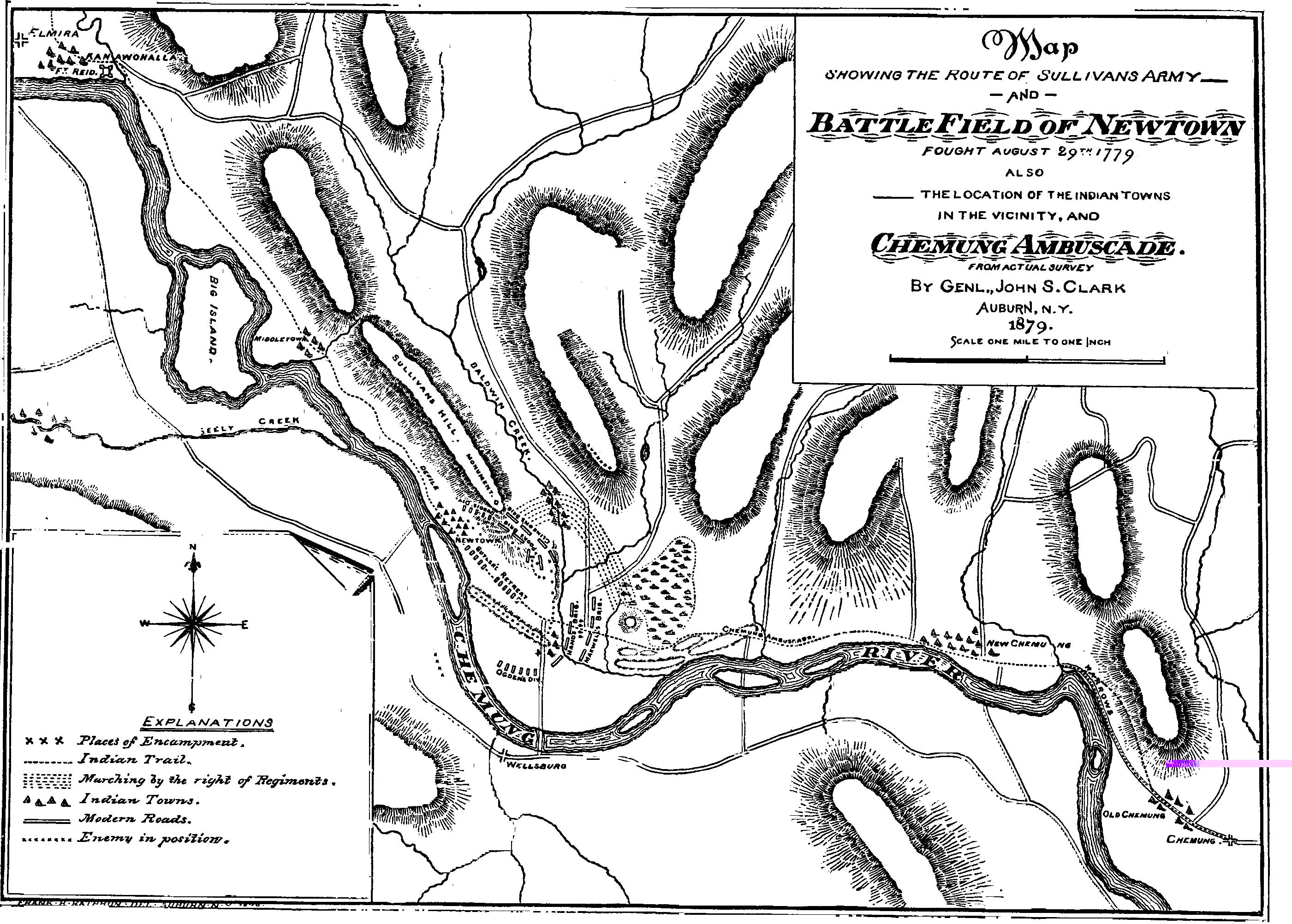 Map showing the route of Sullivan's army in the vicinity of the Battle of Newtown, August 29, 1779.