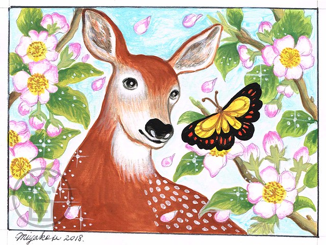 A Deer with a butterfly (2) with Apple Blossoms