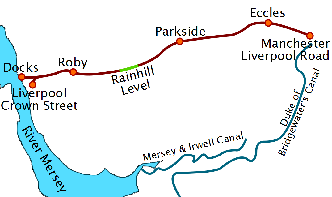Liverpool & Manchester Railway and competing canals at the time of the railway's opening, with locations of significant events leading up to and during the opening day highlighted 