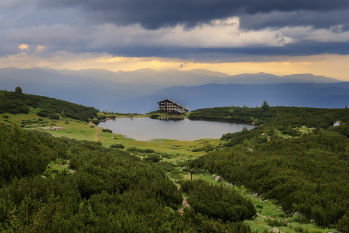 mountain hut bezbog pirin bulgaria sunset clouds lake