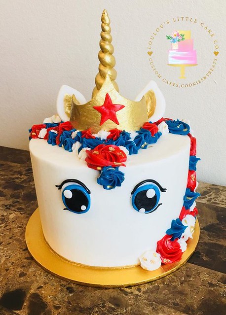Wonder Woman Unicorn Cake by Emily Welch Terrebonne of LouLou's Little Cake Co