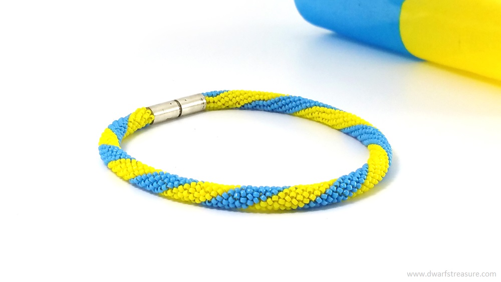 One of a kind blue and yellow beaded crochet custom made bracelet