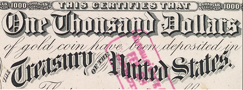 1882 gold certificte one thonsand error closeup