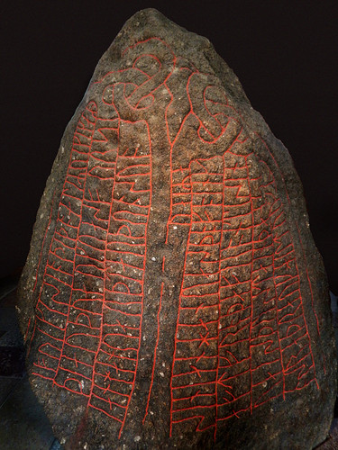 A stone marker with ancient runes written on it at the National History Museum in Copenhagen, Denmark