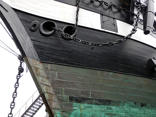 The verdigris copper cladding of the hull of the Frigate Jylland in Ebeltoft, Denmark