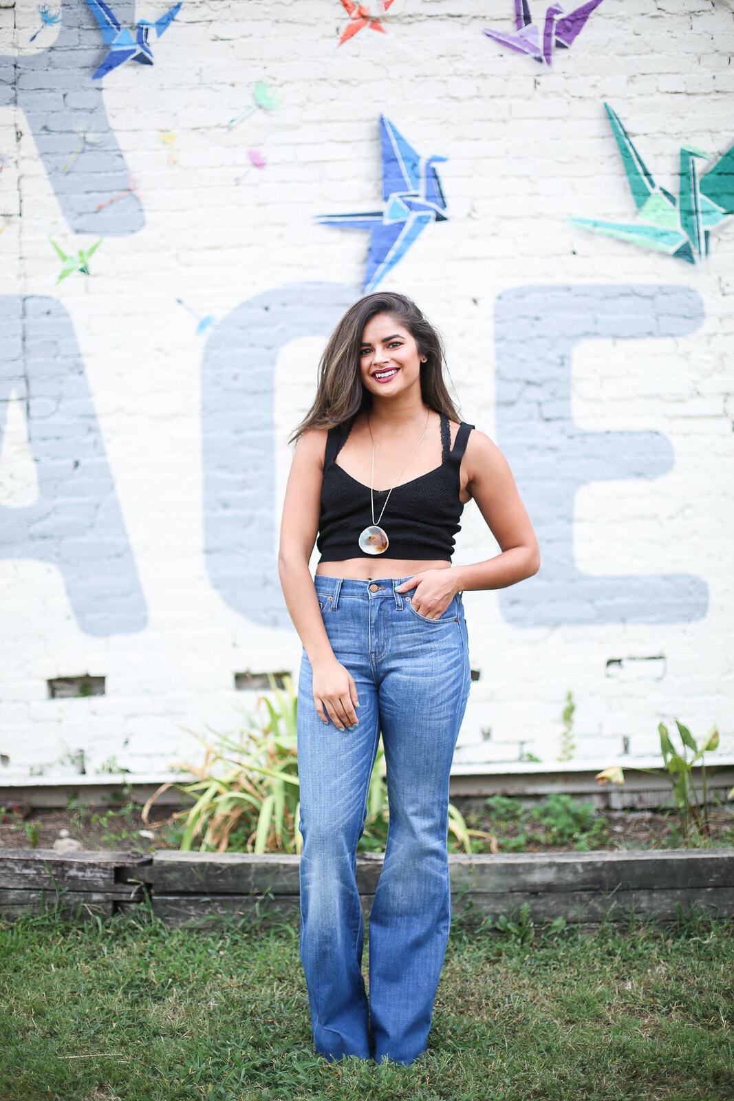 Priya the Blog, Nashville fashion blog, Nashville fashion blogger, Nashville style blog, Nashville style blogger, Nashville mural, Nashville Wish for Peace mural, Summer outfit, Madewell Flea Market Flares, flared jeans, how to wear flared jeans, knit crop top, Zara knit crop top, how to wear a knit crop top, 