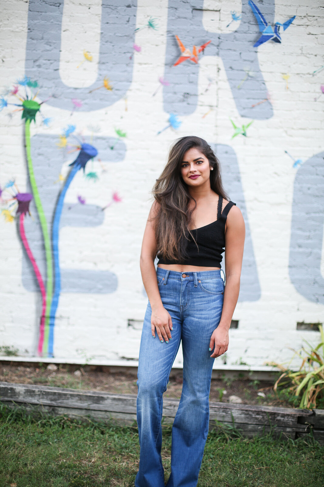 Priya the Blog, Nashville fashion blog, Nashville fashion blogger, Nashville style blog, Nashville style blogger, Nashville mural, Nashville Wish for Peace mural, Summer outfit, Madewell Flea Market Flares, flared jeans, how to wear flared jeans, knit crop top, Zara knit crop top, how to wear a knit crop top, 