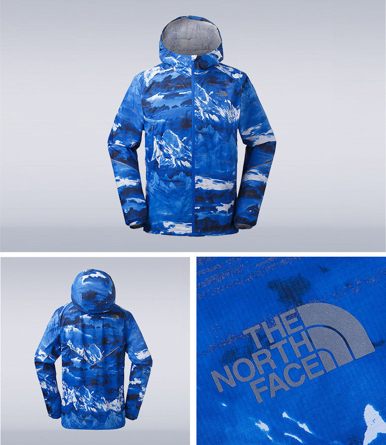 The North Face北面男款藍色印花透氣防水衝鋒衣