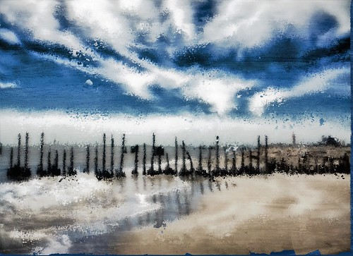 infraredhoyar82 water beach sea ocean gulf bolivar galveston sky pier ruins sand clouds painterly landscape surf coast fishing awardtree