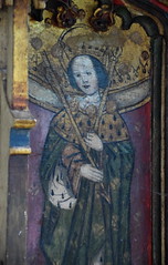 St Edmund with an arrow and a sceptre (rood screen, 15th Century, restored)