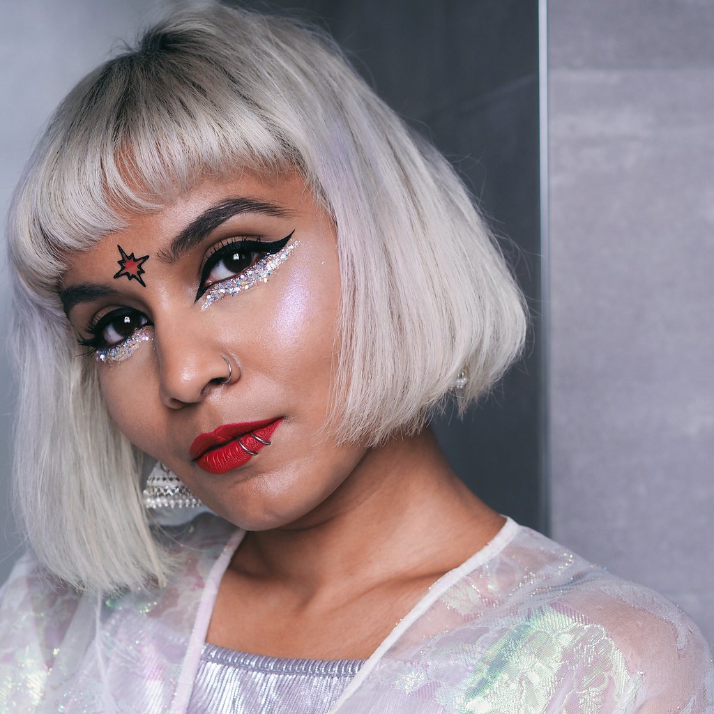 South Asian Desi Indian Blonde Bob hair Crystal Embellished Eye Liner Makeup look