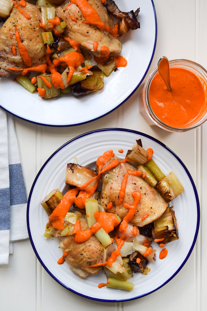Chicken Thighs with Roasted Leeks & Romesco