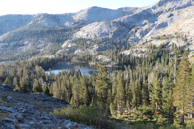 We get a view of Tamarack Lake in the morning sunlight from the PCT