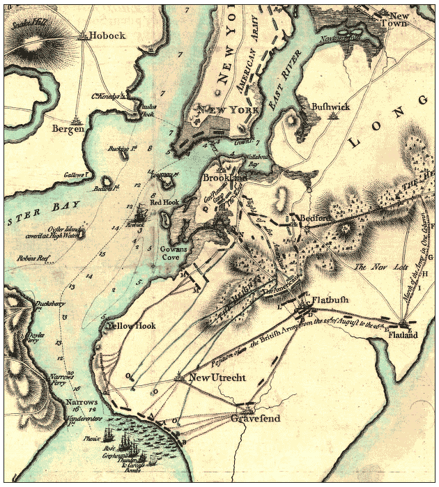 British map (1776), M denotes skirmish line formed by Parsons and Atlee after American retreat from the Red Lion Inn.