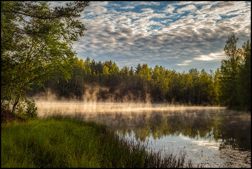 fog mist dimma morgon morning hdr lake sjö gräs grass skog forest woods clouds moln sunrise soluugång lowlight släpljus vatten water reflection spegling sandåsen