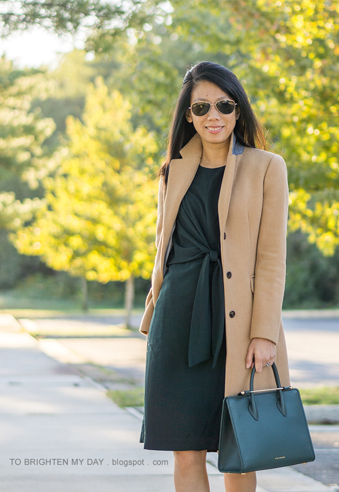 camel long coat, green tie front midi dress, bottle green tote with gold bar, aquamarine ring