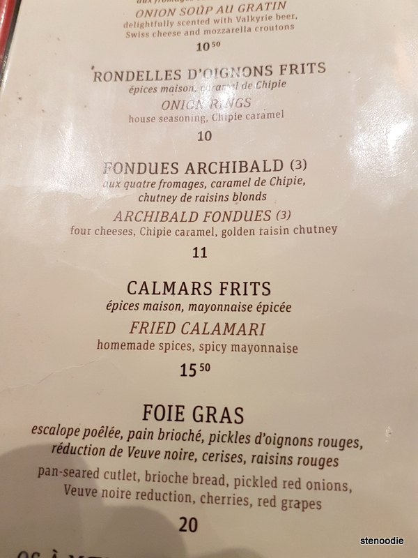 Archibald Microbrasserie appetizer menu