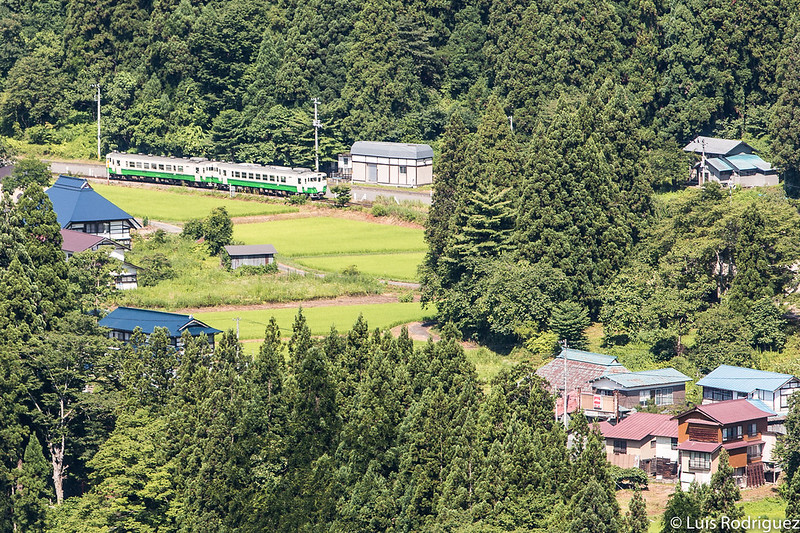 Tren de la línea Tadami entre campos de arroz y pequeños pueblos