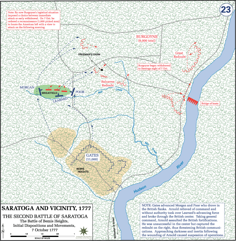 Troop dispositions and initial movements at the Battle of Bemis Heights (Second Battle of Saratoga), October 7, 1777.