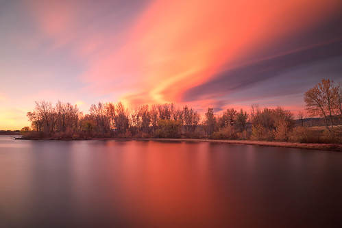 dawn daybreak sunrise clouds sky trees lake reflections longexposure landscape chatfieldstatepark colorado fall autumn