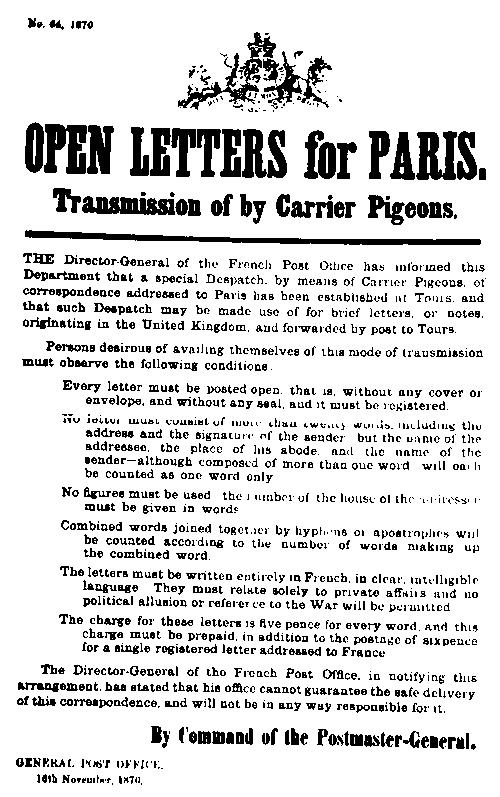 General Post Office notice regarding the pigeon post in Paris, 1870
