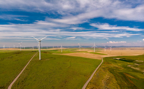 aerial blue energy idaho idahofalls sky summer unitedstates usa wind windfarm windmill drone