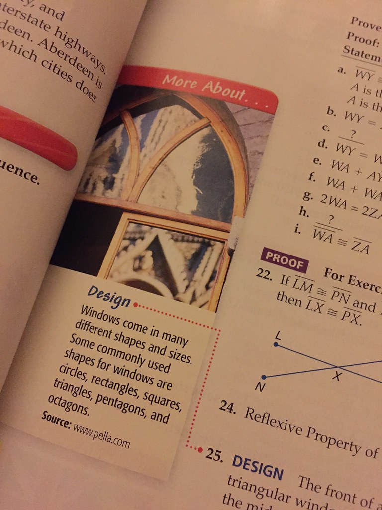 An inset from a math textbook reading - Windows come in many shapes and sizes. Some commonly used shapes for windows are circles, rectangles, squares, triangles, pentagons, and octagons. Source: www.pella.com