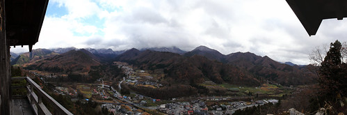 horizontal outdoors nopeople view landscape yamagata valley mountain mountainrange sky cloudy clouds weather panorama stitchedpanorama forest trees town valleytown buildings godaido hall wideangle wood woodenstructure roof balcony observationdeck background vistapoint cloud colour color travel travelling vacation canon 5dmkii camera photography december 2017 winter yamadera temple risshakuji shinto tendai buddhism yamagataprefecture tōhokuregion tohoku honsu asia japan