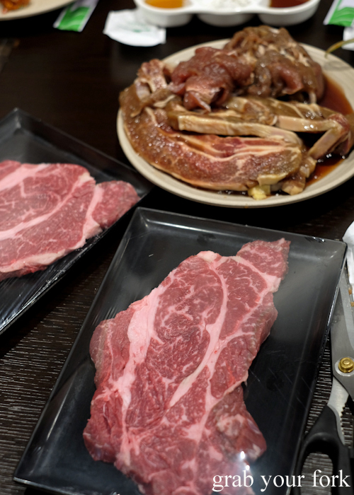Wagyu steaks and marinated LA galbi beef short ribs at all you can eat Korean bbq Se Jong in the Sydney CBD