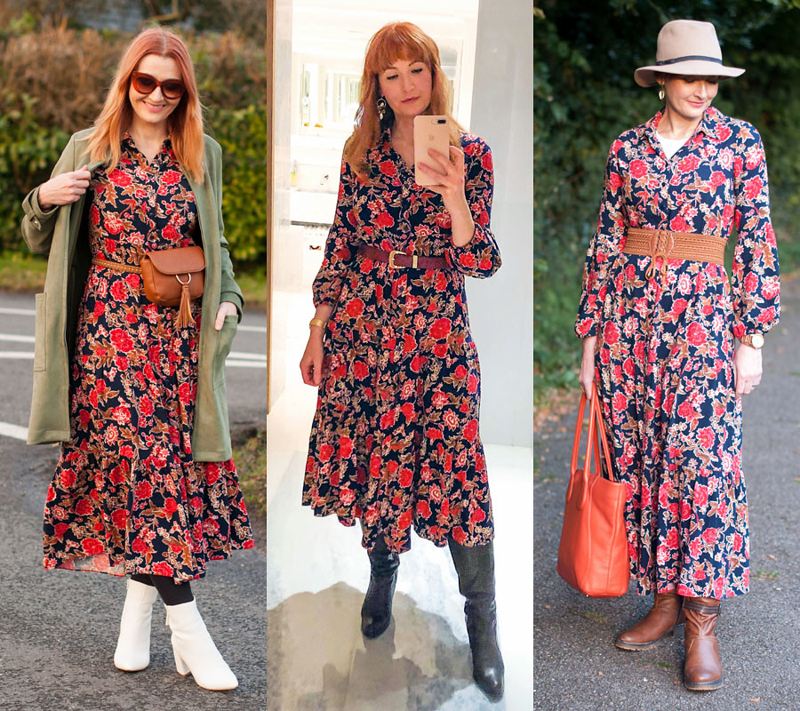 Three Ways to Wear One Floral Midi Dress: The Easiest, Quickest Autumn Outfit Formula Ever | Not Dressed As Lamb, over 40 fashion blog