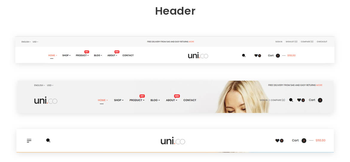 multi headers-Leo Uni Co Prestashop theme- Unisex Fashion and Accessories Store