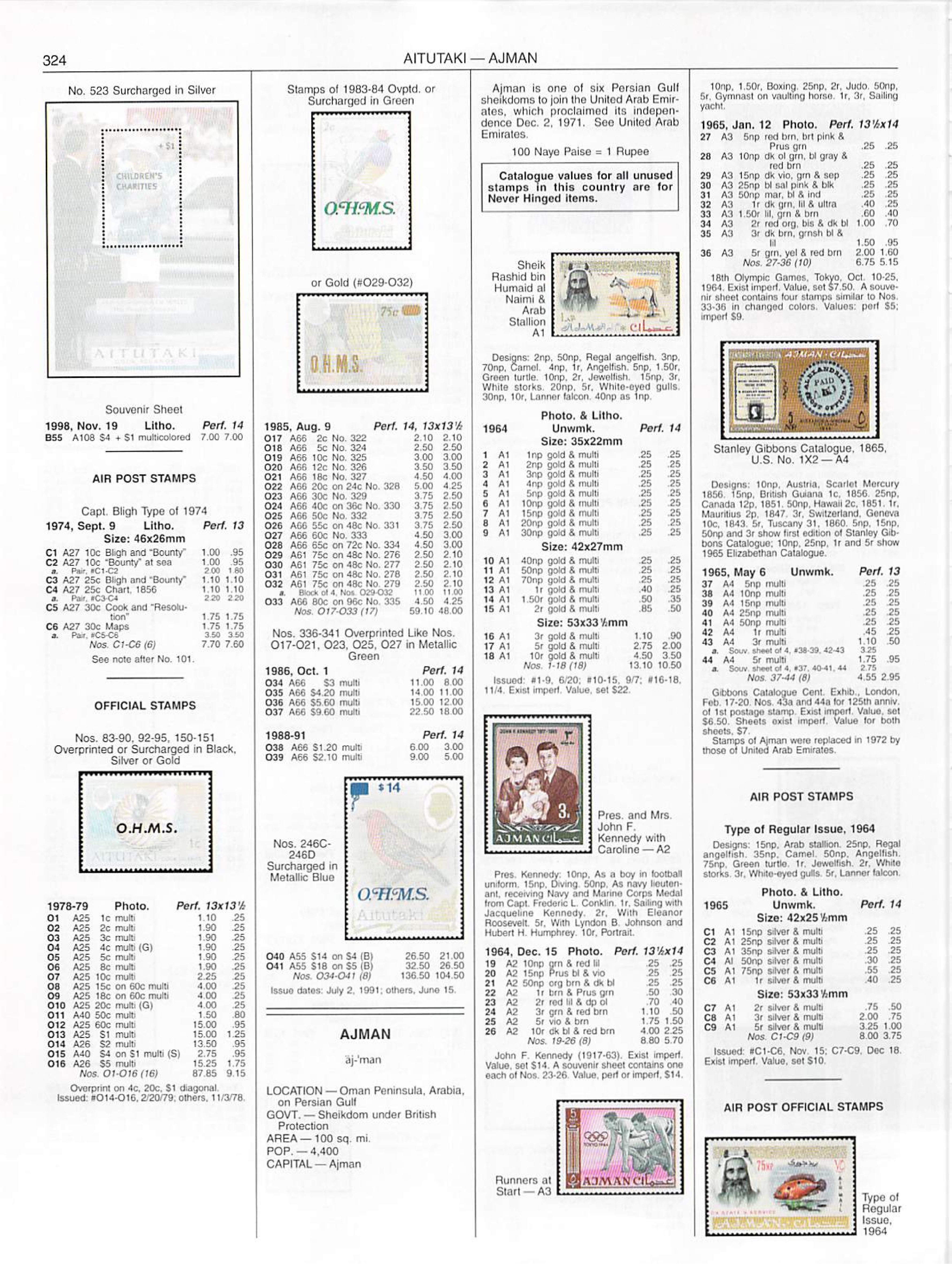 Scott catalogue listing for Ajman, including the 1965 Stanley Gibbons anniversary set