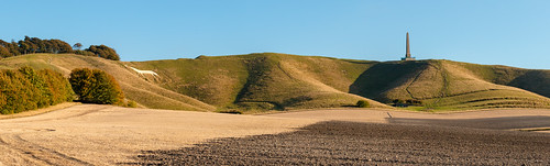 cherhill wiltshire chalk hill down horse figure field earth tree monument tower sky panorama photomerge landscape