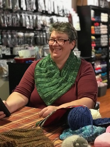 Sandi knit up the cowl we will be knitting for our beginner knitting class with Kathy