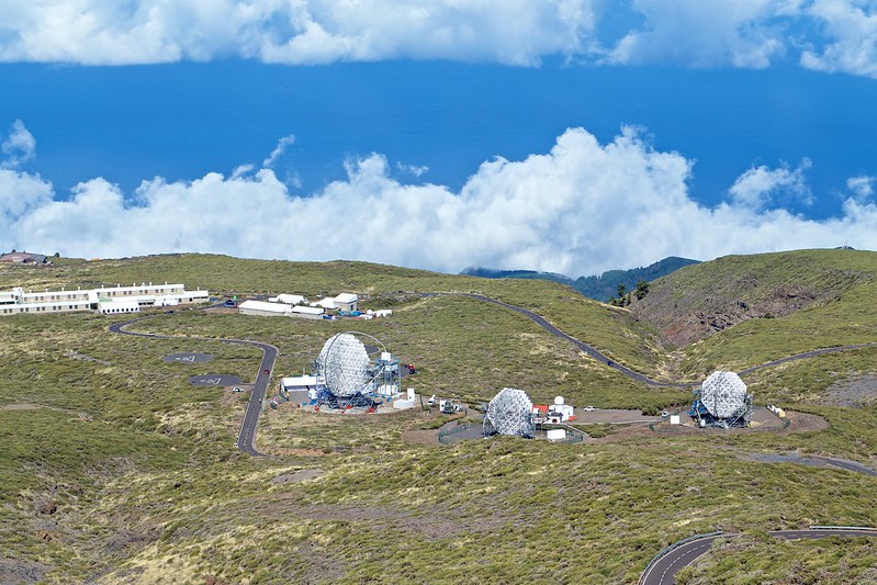 The first Large-Sized Telescope of the Cherenkov Telescope Array (left), and MAGIC II (middle) and MAGIC I (right) telescopes