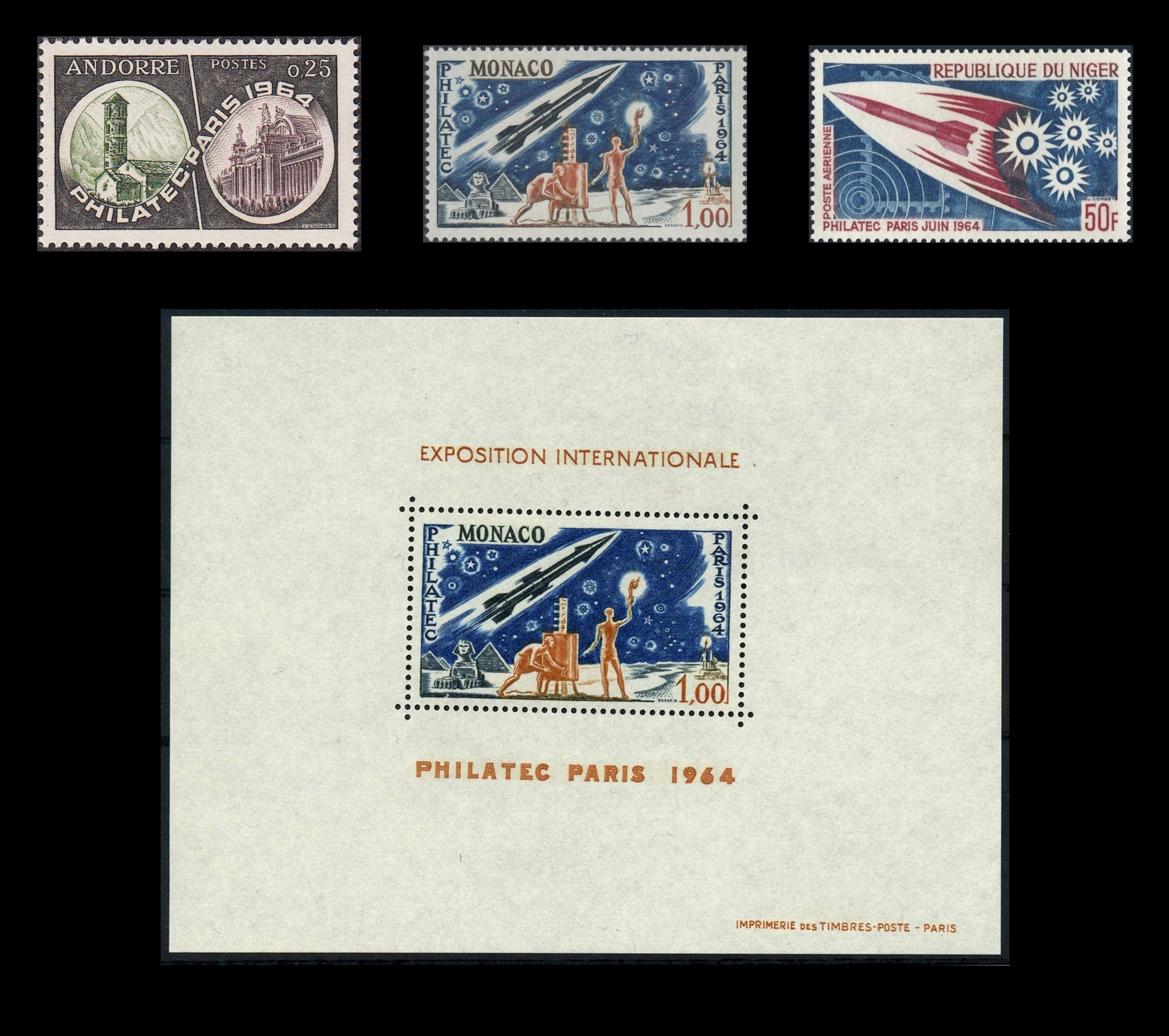 Stamps of Andorra, Monaco (with miniature sheet) and Niger released to mark the PHILATEC stamp exhibition in 1964.