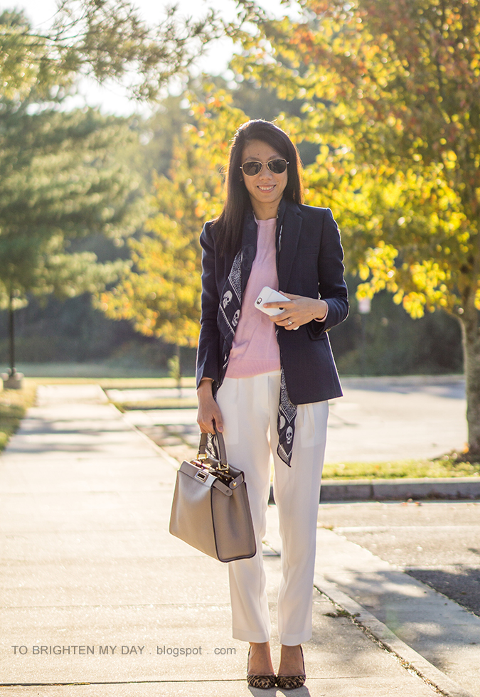 navy wool blazer, pink cashmere sweater, skull printed scarf, taupe bag, white crepe ankle pants, leopard pumps