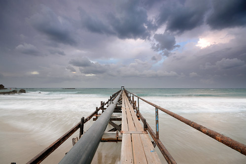 storm sea water ocean dock long exposure clouds time fog black white wide beach israel landscape waterscape hour movment weather stormy winter