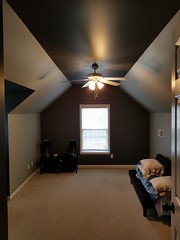 Homewood bedroom, After fresh light gray paint with dark gray accents.