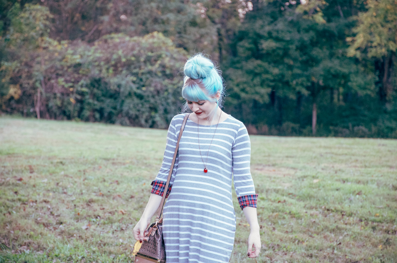 Heather Grey Striped Plaid Cuff Maternity Midi Dress | ThisLexingtonLife.com