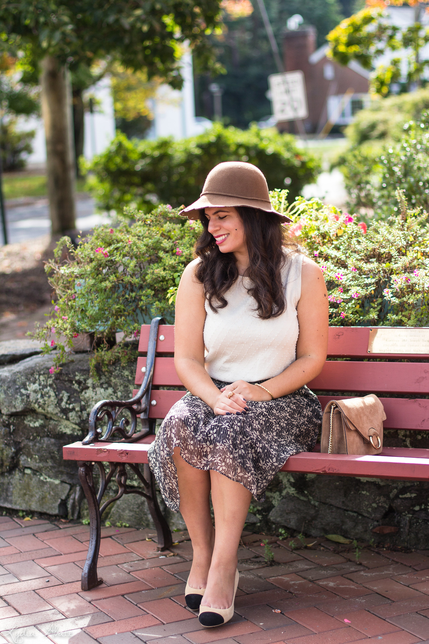 beaded silk shell, brown floral print skirt, toe cap heels, scalloped felt hat-7.jpg