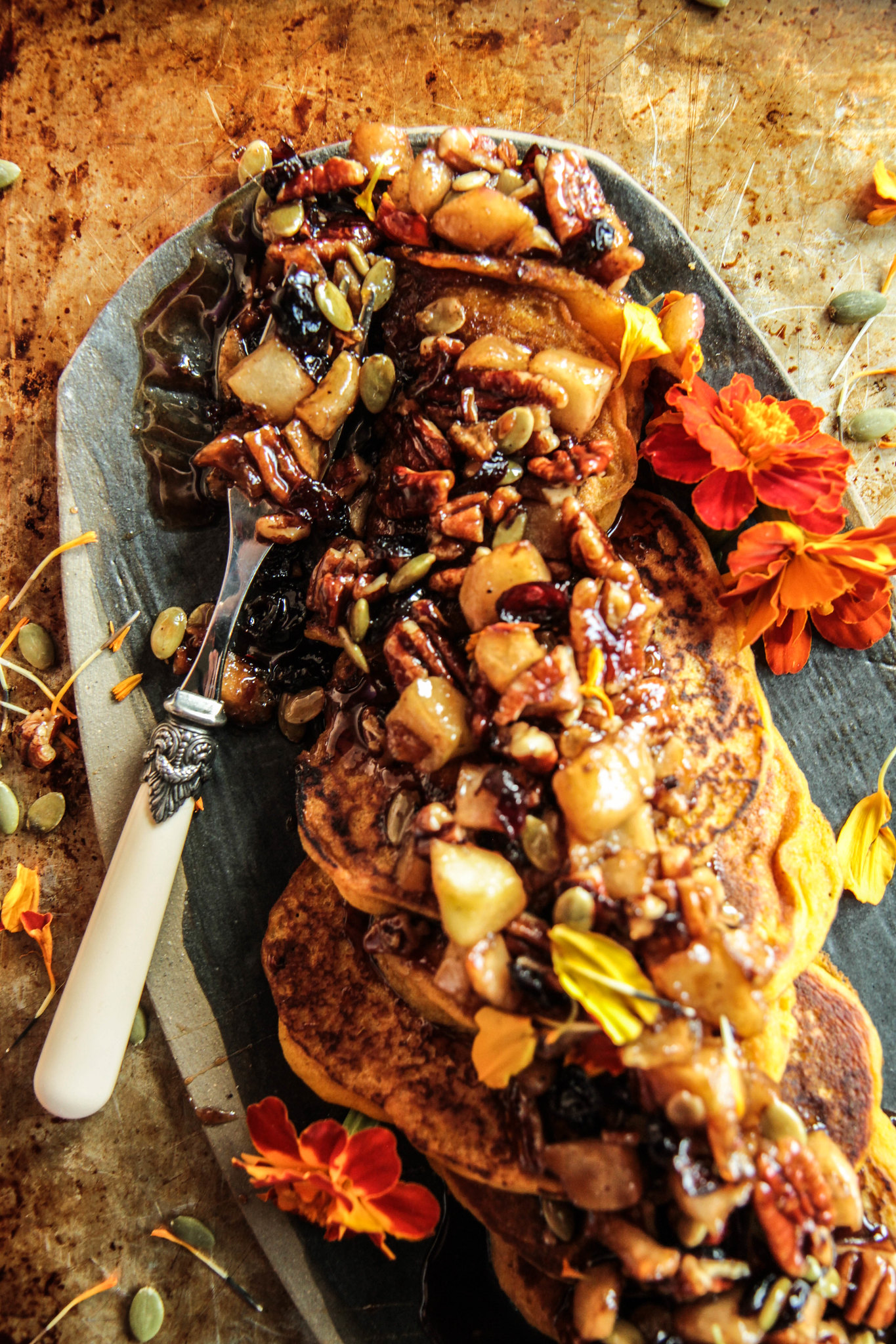 Pumpkin Pancakes with Maple Caramelized Pecans, Apples and Cranberries- Vegan and Gluten-Free