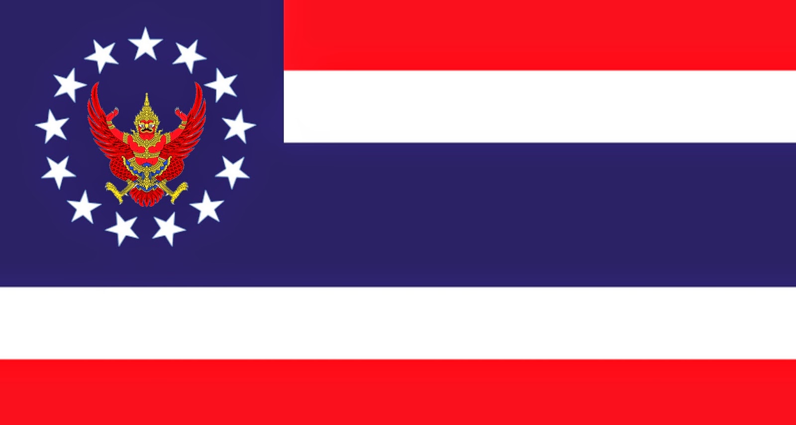 Flag design incorporating 13-star canton from the Betsy Ross flag used in the United States from 1777 until 1793 surrounding a Thai garuda emblem with the field made up of the Thailand national flag, adopted in September 1916.