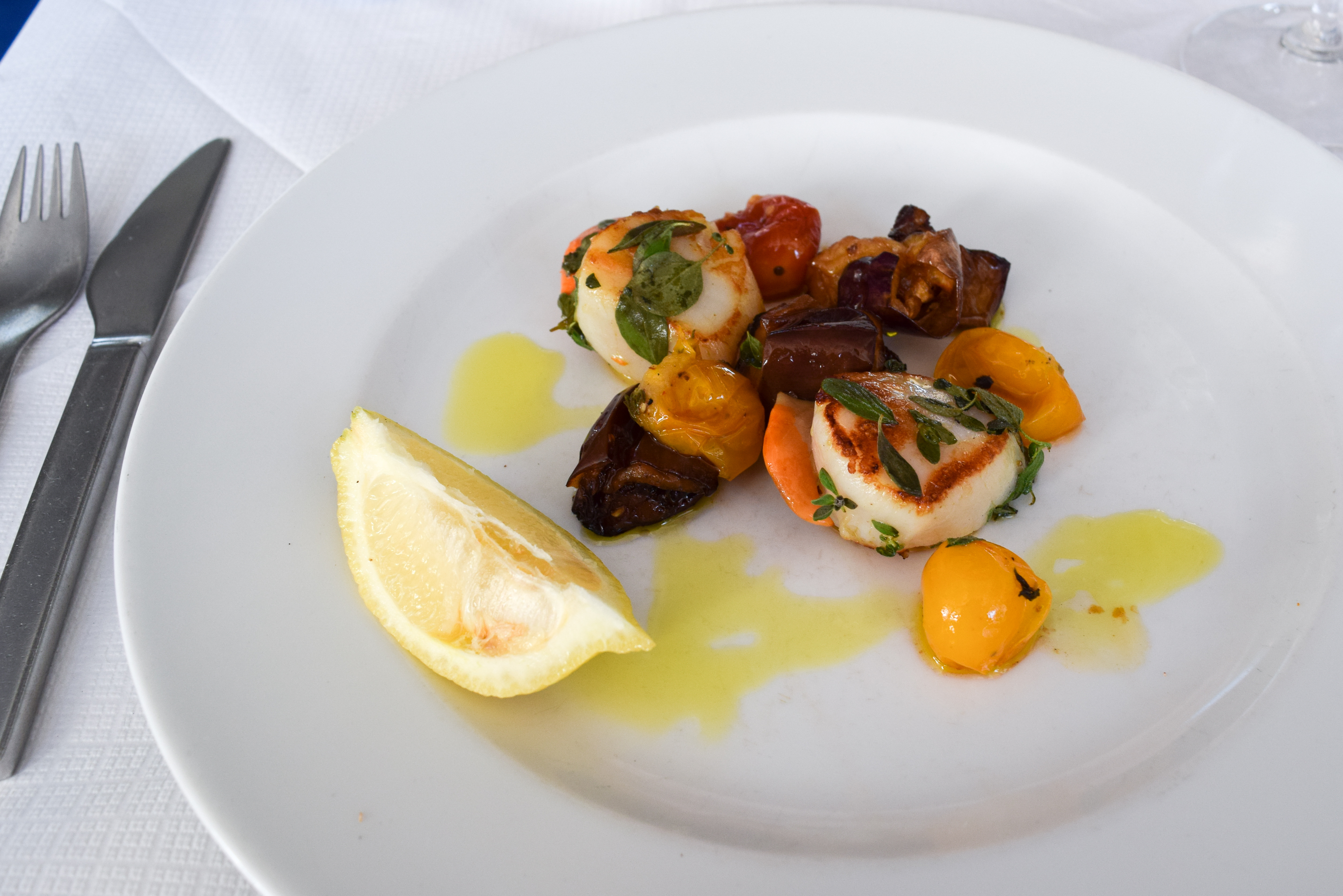 Seared Scottish Scallops with Pale Aubergine, Marjoram, Capers and Tomatoes at The River Cafe, Hammersmith