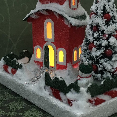 Red and Green 2-story Putz House with snowman