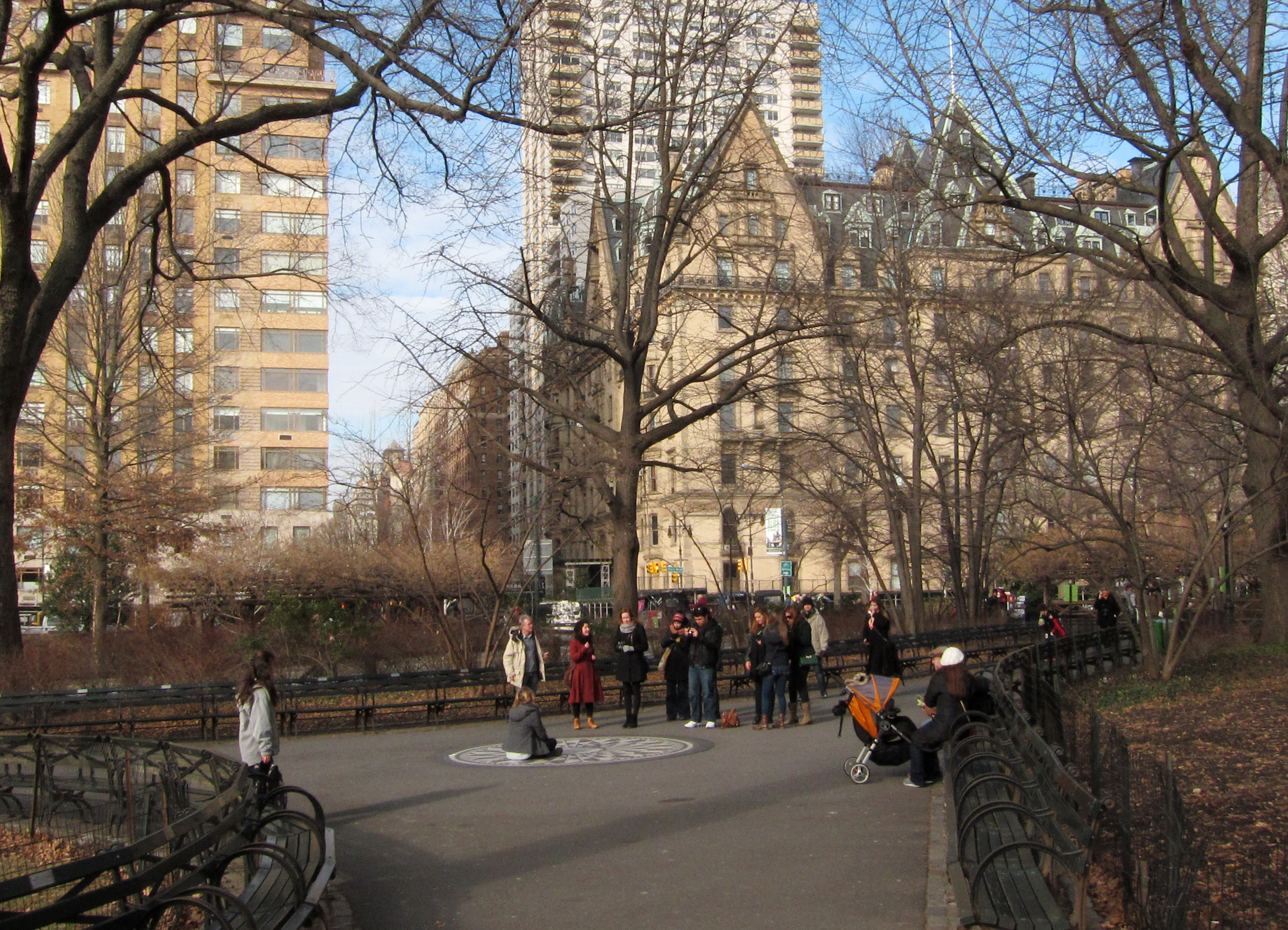 Strawberry Fields in Central Park, New York City, with The Dakota behind. Photo taken on December 27, 2013.
