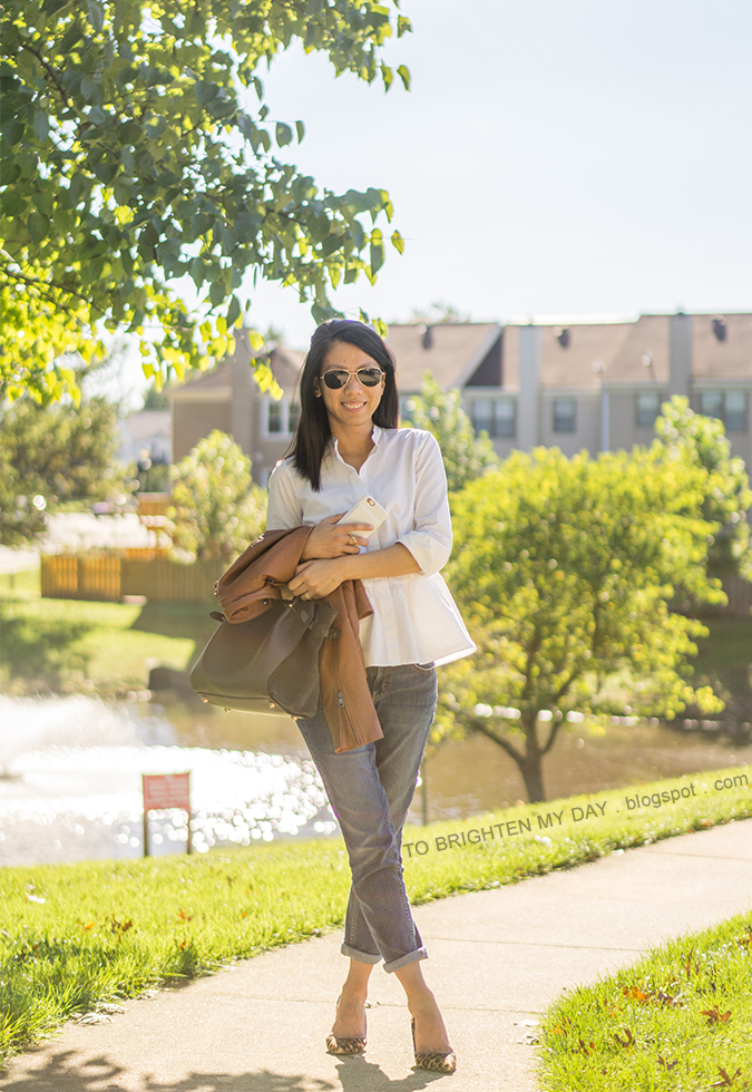 white peplum button up shirt, cognac brown leather jacket, girlfriend jeans, gray suede tote, leopard pumps